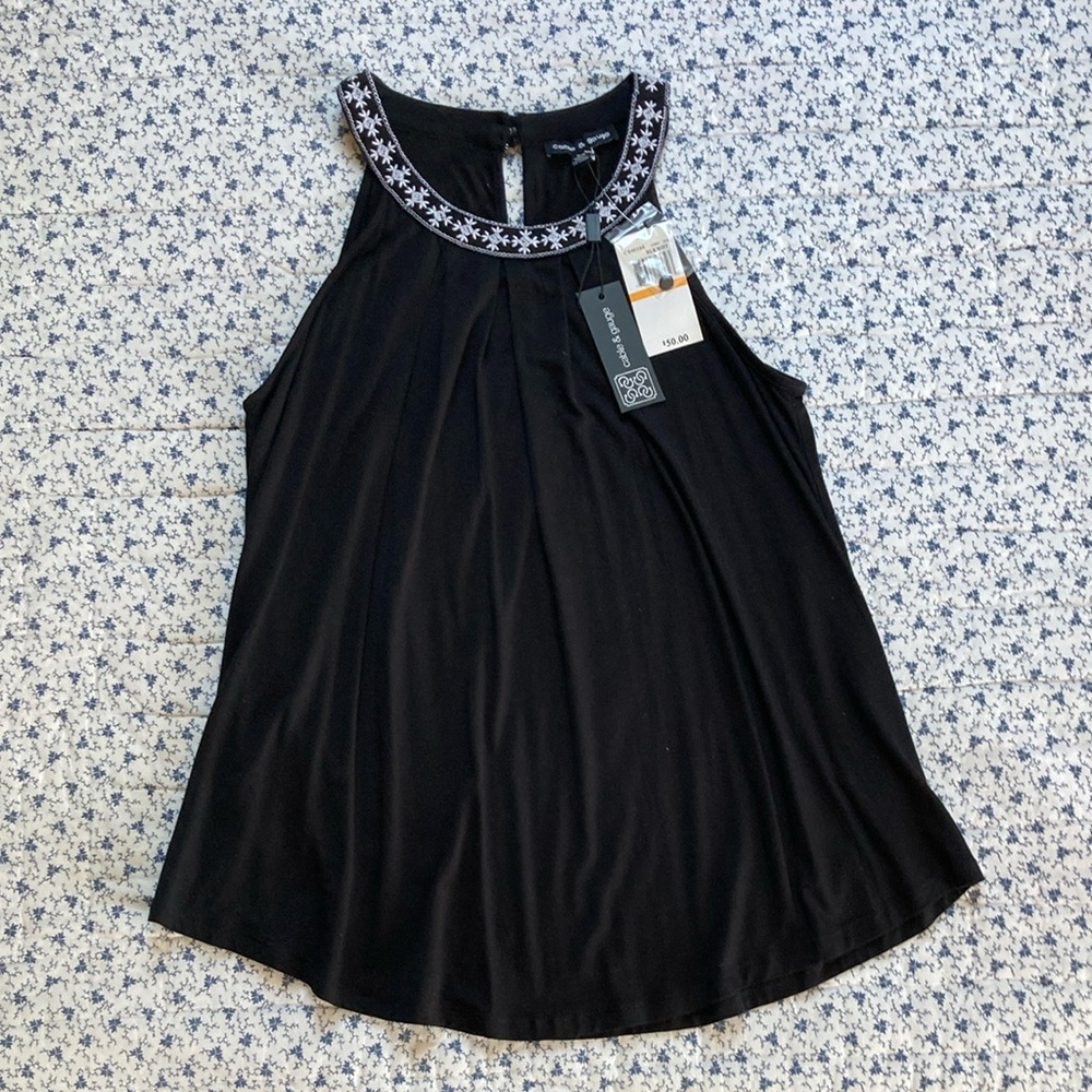 Women’s Black Sleeveless Top with Embroidered Neckline